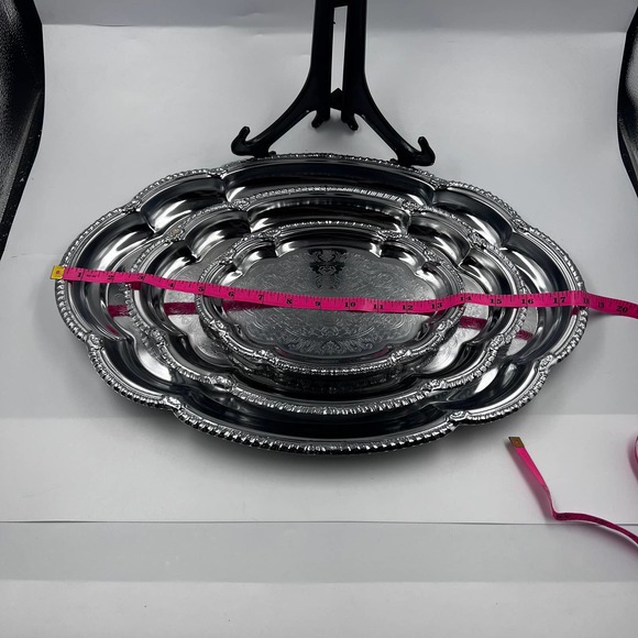 Vintage Set Three Silver Tone Trays Etched Decorative Stacking MidCentury - Picture 3 of 9